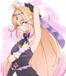  1girl antenna_hair arm_behind_head arm_up armpit_focus armpits blonde_hair blush braid brooch closed_mouth commentary_request cowboy_shot cure_arcana_shadow diamond_hairband frilled_cuffs gradient_hair hair_intakes half_up_braid heart heart_brooch jewelry long_hair looking_at_viewer magical_girl meitantei_precure! moria_luluka multicolored_hair naghat pink_hair precure presenting_own_armpit purple_veil purple_wrist_cuffs sidelocks simple_background smile spread_armpit veil very_long_hair white_background wrist_cuffs 