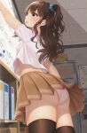  1girl ass beige_skirt blue_eyes blush book bookshelf brown_hair collared_shirt from_below highres indoors long_hair minato_ojitan open_mouth original panties pantyshot pleated_skirt ponytail school school_uniform scrunchie shirt short_sleeves skirt solo standing underwear white_shirt whiteboard 