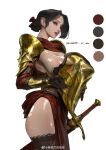  1girl absurdres areola_slip armor black_eyes black_gloves black_hair black_thighhighs breasts chinese_commentary color_guide commentary_request cowboy_shot dated dress gloves gold_armor hair_bun highres holding_armor large_breasts original parted_lips red_dress sang_delan scabbard sheath sheathed shiny_skin short_hair shoulder_armor side_slit simple_background solo sword thighhighs unworn_armor watermark weapon weibo_username weibo_watermark white_background 