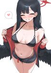  1girl absurdres bikini bikini_bottom_under_shorts bikini_under_clothes black_bikini black_hair black_shorts black_wings blue_archive blush breasts commentary guntree halo heart highres ichika_(blue_archive) ichika_(swimsuit)_(blue_archive) jacket long_hair medium_breasts navel official_alternate_costume open_fly red_halo shorts simple_background solo spoken_heart stomach swimsuit thighs two-sided_fabric two-sided_jacket very_long_hair white_background wings 