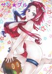  1girl absurdres bikini breasts cleavage commentary_request duel_monster highres izayoi_aki kuriboh large_breasts looking_at_viewer marker_(medium) parted_lips red_bikini rozarin short_hair_with_long_locks star_(symbol) swimsuit traditional_media yu-gi-oh! 