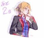  1girl artist_name black_jacket blonde_hair blue_vest bob_cut collared_jacket collared_shirt commentary_request countdown cropped_torso double-parted_bangs finger_to_cheek hair_between_eyes jacket kyoto_xanadu long_sleeves nakiri_sena necktie parted_lips purple_necktie school_uniform shirt short_hair signature simple_background solo upper_body vest white_background white_shirt xiacheng_tatsuya yellow_eyes 