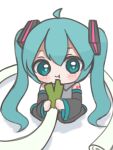  1girl :t ahoge blush_stickers chibi chibi_only closed_mouth commentary_request detached_sleeves double-parted_bangs eating food full_body green_eyes green_hair hair_between_eyes hatsune_miku highres holding holding_food holding_spring_onion holding_vegetable long_hair simple_background sitting solo spring_onion tina_muchimu twintails vegetable very_long_hair vocaloid white_background 