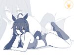  1girl absurdres ahoge animal_ears arm_rest armpit_crease artist_logo ass bare_arms black_hair breasts cleavage collarbone commentary elbow_rest english_commentary feet feet_up full_body grey_panties grey_socks grey_sports_bra hair_between_eyes hand_on_own_cheek hand_on_own_face harukapoop head_rest highres horse_ears horse_girl horse_tail invisible_floor kneehighs legs_together logo long_hair long_hair_between_eyes looking_at_viewer lying manhattan_cafe_(umamusume) midriff monochrome no_shoes on_stomach panties parted_lips socks sports_bra spot_color tail the_pose umamusume underwear watermark white_background yellow_eyes zoom_layer 