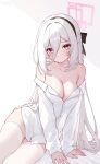  1girl absurdres alternate_breast_size_(larger) black_hairband blue_archive boyfriend's_shirt breasts cleavage closed_mouth commentary dated_commentary hair_between_eyes hairband halo highres kei_(blue_archive) kei_(student)_(blue_archive) large_breasts long_hair long_hair_between_eyes looking_at_viewer naked_shirt origami_(poinia) paid_reward_available pink_eyes pink_halo shirt simple_background solo thighhighs thighs very_long_hair white_background white_hair white_shirt white_thighhighs 