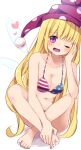  1girl ;d bare_shoulders barefoot bikini blonde_hair blush breasts cleavage clownpiece collarbone crossed_ankles eyebrows_visible_through_hair fairy_wings hand_on_own_cheek hand_on_own_face hat heart highres jester_cap large_breasts long_hair looking_at_viewer navel one_eye_closed open_mouth polka_dot purple_eyes purple_headwear simple_background sitting smile solo star_(symbol) star_print stigma1101 swimsuit toes touhou very_long_hair white_background wings 