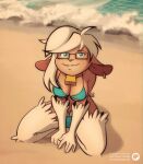  absurd_res anthro beach bell bell_collar bikini blue_eyes bovid breasts caprine cleavage clothed clothing collar ear_tag female fox-pop fur hair hi_res kneeling looking_at_viewer mammal sand sea seaside sheep smile solo swimwear water white_body white_fur white_hair wilma_the_sheep wool_(fur) 