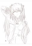  1girl arm_behind_head asuka_hk breasts chinese_commentary closed_mouth commentary_request evangelion:_2.0_you_can_(not)_advance hair_between_eyes highres hood hoodie interface_headset_(evangelion) long_hair mecha_pilot_suit medium_breasts monochrome neon_genesis_evangelion plugsuit_(evangelion) rebuild_of_evangelion simple_background solo souryuu_asuka_langley two_side_up upper_body 
