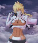  1girl abs absurdres aqua_eyes arm_under_breasts bleach blonde_hair breast_tattoo breasts commentary crop_top crossed_bangs dark-skinned_female dark_skin fog gloves hair_between_eyes hair_tie highres hip_bones holding holding_weapon large_breasts long_hair lowleg mask mouth_mask navel number_tattoo revealing_clothes sheath sheathed solo sonzhondaya sword tattoo tier_harribel underboob upper_body weapon white_gloves 