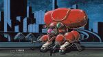  building camera cityscape end_card fuchikoma ghost_in_the_shell highres mecha mecha_focus night no_humans non-humanoid_robot ookawara_kunio road robot science_fiction sky star_(sky) starry_sky the_ghost_in_the_shell_(2026) wheel 