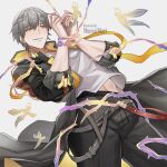  1boy artist_name belt black_belt black_jacket black_pants bound caelus_(honkai:_star_rail) clenched_hands cowboy_shot english_commentary floating_clothes grey_hair hair_between_eyes hands_up highres honkai:_star_rail honkai_(series) hood hooded_jacket jacket long_sleeves looking_up male_focus multiple_belts nemui_mori open_clothes open_jacket pants paper_doll red_belt shirt short_hair smile solo standing t-shirt teeth thorns tied_up_(nonsexual) trailblazer_(honkai:_star_rail) two-sided_fabric two-sided_jacket watermark white_shirt yellow_eyes yellow_jacket 