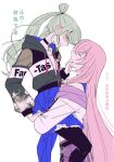  2girls ajie_(changemyself) anger_vein black_choker black_pantyhose blue_skirt carrying carrying_person chinese_commentary chinese_text choker closed_eyes closed_mouth commentary_request corrupted_twitter_file earrings green_hair green_jacket hand_on_another's_face hatsune_miku highres hoop_earrings hug jacket jewelry long_hair megurine_luka multiple_girls pantyhose pink_hair project_sekai purple_jacket purple_skirt simple_background skirt sweatdrop translation_request twintails vivid_bad_squad_luka vivid_bad_squad_miku vocaloid white_background yuri 