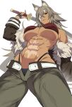  1girl abs animal_ears bandeau bare_shoulders belt black_gloves black_jacket black_panties breasts cat_ears cat_girl commentary_request crossed_bangs dark-skinned_female dark_skin eyepatch fingerless_gloves fur-trimmed_jacket fur_trim ghislaine_dedoldia gloves green_pants grey_hair hair_between_eyes highleg highleg_panties highres hip_bones holding holding_behind_back holding_sword holding_sword_behind_back holding_weapon holding_weapon_behind_back jacket kuma_(jk0073) large_breasts long_hair looking_at_viewer muscular muscular_female mushoku_tensei navel obliques off_shoulder open_belt open_fly open_pants panties pants parted_lips red_bandeau red_eyes scar scar_on_cheek scar_on_face scar_on_stomach simple_background skindentation smile solo stomach sword thick_thighs thighs underboob underwear very_long_hair weapon white_background white_belt 