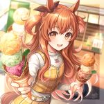  1girl animal_ears belt dated eyebrows_visible_through_hair food fumi_(butakotai) hair_between_eyes holding holding_food horse_ears horse_girl horse_tail ice_cream jewelry long_hair long_sleeves mayano_top_gun_(umamusume) necklace open_mouth orange_eyes orange_hair pleated_skirt shirt signature skirt smile solo tail twintails umamusume white_belt white_shirt yellow_skirt 