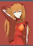  1girl absurdres arm_behind_head asuka_hk blue_eyes bodysuit breasts chinese_commentary closed_mouth commentary_request evangelion:_2.0_you_can_(not)_advance hair_between_eyes highres hood hoodie interface_headset_(evangelion) long_hair mecha_pilot_suit medium_breasts neon_genesis_evangelion orange_hair plugsuit_(evangelion) rebuild_of_evangelion red_background red_bodysuit red_hoodie simple_background solo souryuu_asuka_langley two_side_up upper_body 
