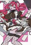  1girl apron baobhan_sith_(fate) baobhan_sith_(fgo_fes._2026)_(fate) black_dress blush breasts commentary dress fang fate/grand_order fate_(series) fishnet_thighhighs fishnets grey_eyes hacco_mayu hair_intakes hair_rings ketchup_bottle large_breasts long_hair long_sleeves looking_at_viewer maid_headdress open_mouth pink_hair pointy_ears single_hair_ring solo thighhighs thighs white_apron 