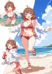 172cm 1girl ass beach bikini bikini_under_clothes blush breasts brown_eyes brown_hair commentary_request front-tie_bikini_top front-tie_top gakuen_idolmaster gradient_hair hair_bun hanami_ume highres idolmaster jacket jacket_over_swimsuit jacket_partially_removed kimi_to_semi_blue_(idolmaster) large_breasts long_sleeves looking_at_viewer multicolored_hair open_mouth outdoors partially_unzipped red_bikini sandals smile swimsuit triangle_bikini_top two-sided_fabric two-sided_jacket unzipped white_jacket 