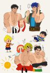  ... 6+boys abs arrow_(symbol) bara black_hair blonde_hair blue_eyes blue_hair commentary_request fire_emblem fire_emblem:_radiant_dawn flying_sweatdrops highres holding_headband ike_(fire_emblem) ken_masters kirby_(series) large_pectorals little_mac lucas_(mother_3) male_focus mismatched_eyebrows mother_(series) mother_2 mother_3 multiple_boys muscular muscular_male ness_(mother_2) no_nipples pectorals punch-out!! ryu_(street_fighter) short_hair speech_bubble spoken_ellipsis street_fighter sun super_smash_bros. tanlines topless_male translation_request unworn_headband waddle_dee ya_tudoki15 