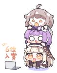  3girls :3 :d ahoge alice_(trickcal) all_fours black_dress blonde_hair blush_stickers bow bowtie brown_hair chibi chibi_only commentary_request computer dress espi_(trickcal) full_body highres human_stacking juliet_sleeves laptop long_hair long_sleeves mask meme multiple_girls nun nun_headdress o_o open_mouth orange_bow orange_bowtie puffy_sleeves purple_hair short_hair simple_background smile speaki_(trickcal) speakiposting_(meme) syurikenmaru thick_eyebrows translation_request trickcal very_long_hair white_background 
