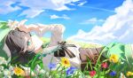  1boy beret blue_sky blush bow braid brown_corset buttons cloud cloudy_sky corset curled_fingers day flower frilled_sleeves frills genshin_impact gradient_hair green_shorts hand_on_own_forehead hat hat_flower highres lily_(flower) long_hair long_sleeves looking_at_viewer low_twin_braids lying male_focus meadow multicolored_hair on_back on_ground outdoors profile shirt shorts sky smile solo striped_bow striped_clothes striped_shirt trap twin_braids two-tone_hair venti_(genshin_impact) vertical-striped_clothes vertical-striped_shirt white_shirt xd_yuh182 