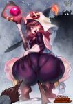  1girl :d ass bodysuit boots bright_pupils brown_boots brown_hair commentary english_commentary eyed_silhouette from_behind full_body glowing glowing_eyes grabbing_own_ass holding holding_staff huge_ass impending_doom kono_subarashii_sekai_ni_shukufuku_wo! looking_at_viewer looking_back mage_staff megumin official_alternate_costume open_mouth pantylines red_eyes satou_kazuma silhouette smile snowing solo_focus squatting staff teeth the_golden_smurf thick_thighs thighs tongue trembling upper_teeth_only white_pupils winter_clothes winter_shogun_(konosuba) wooden_staff 