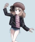  1girl beret black_bow black_jacket blue_background blue_eyes blush bow brown_hair closed_mouth commentary_request denim denim_shorts feet_out_of_frame hat idolmaster idolmaster_million_live! jacket leather leather_jacket long_sleeves looking_at_viewer medium_hair meeeeeeco359 open_clothes open_jacket short_shorts shorts simple_background solo suou_momoko sweater turtleneck turtleneck_sweater 