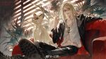  1boy abs black_boots black_jacket black_nails blonde_hair boots cat cigarette commentary_request couch crossover english_text fang fang_out fate/grand_order fate_(series) feet_up flapper_shirt forehead_jewel gold_necklace highres holding holding_cigarette indoors jacket jewelry long_hair looking_at_viewer male_focus medallion midriff navel necklace on_couch open_clothes open_jacket open_mouth orange-tinted_eyewear persian_(pokemon) plant pokemon pokemon_(creature) shirt sitting smile sqloveraven sunglasses tezcatlipoca_(fate) tezcatlipoca_(first_ascension)_(fate) tinted_eyewear watermark weibo_watermark white_shirt window_blinds 