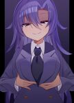  1girl black_necktie blazer breasts collared_shirt commentary curtained_hair dot_nose evil_smile eyes_visible_through_hair goshiki_agiri grabbing_own_breast hair_between_eyes highres jacket kill_me_baby kimafumi_(kmfm686) large_breasts long_hair long_sleeves looking_at_viewer necktie purple_eyes purple_hair purple_jacket school_uniform shaded_face shirt simple_background smile solo swept_bangs very_long_hair white_shirt 