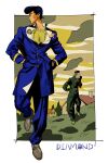  2boys absurdres blue_coat blue_pants border coat diamond_wa_kudakenai full_body gakuran higashikata_josuke highres jojo_no_kimyou_na_bouken male_focus multiple_boys nijimura_okuyasu outdoors pants peace_symbol pompadour school_uniform undercut usolging white_border 