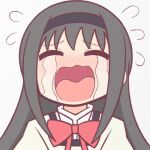 1girl akemi_homura bangs beige_background beige_vest black_hair blush bow bowtie closed_eyes collared_shirt commentary_request crying eyebrows_visible_through_hair flying_sweatdrops hair_between_eyes hair_ornament hairband long_hair mahou_shoujo_madoka_magica mitakihara_school_uniform no_nose outline purple_hairband red_bow red_outline school_uniform shirt sidelocks simple_background solo streaming_tears tears upper_body vest wavy_mouth white_shirt yuno385 