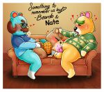  2021 animal_crossing anthro balls beardo_(animal_crossing) blue_body blush bodily_fluids clothing english_text erection eyewear furniture genitals glasses group group_sex hasana-chan male mammal maple_(animal_crossing) nate_(animal_crossing) nintendo oral penis sex shirt sitting slightly_chubby sofa sweat sweater text threesome topwear ursid video_games yellow_body 