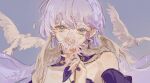  1girl ankii_illus aqua_eyes bare_shoulders bird blue_background commentary covering_own_mouth earrings english_commentary flower flower_over_mouth hand_up head_wings highres holding holding_flower honkai:_star_rail honkai_(series) jewelry light_blush long_hair looking_at_viewer purple_hair robin_(honkai:_star_rail) signature simple_background solo twitter_username upper_body white_bird wings 