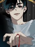  1boy alien_stage black_eyes black_hair commentary face_jewel fang feather_boa hair_between_eyes highres ivan_(alien_stage) male_focus official_alternate_costume open_mouth red_pupils shirt short_hair solo string string_of_fate thick_eyebrows very_short_hair white_shirt yuzurem60517651 