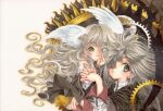  1boy 1girl artist_name ayame_(missing) bad_id black_capelet brown_hair capelet closed_mouth dated eyes_visible_through_hair feathered_wings floating_hair gears green_eyes hand_up head_wings kondou_takemi long_hair looking_at_viewer midorikawa_shin missing_(light_novel) official_art shirt sleeve_zipper smile traditional_media white_shirt white_wings wings zipper_pull_tab 