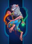  anthro buckteeth butt claws clothed clothing concoction_(artist) fur grey_body grey_fur hair hi_res magic male mammal murid murine muscular muscular_anthro muscular_male nails partially_clothed rat red_eyes rodent smile solo teeth whiskers white_hair 