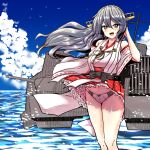  1girl blue_sky brown_eyes cannon cloud day detached_sleeves frilled_skirt frills grey_hair hair_ornament hairband hairclip haruna_(kancolle) headgear highres japanese_clothes kantai_collection long_hair nontraditional_miko outdoors panties red_skirt remodel_(kantai_collection) ribbon-trimmed_sleeves ribbon_trim rigging skirt skirt_lift sky solo standing striped striped_panties toda_kazuki turret underwear wind wind_lift 