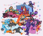  6+boys absurdres alternate_costume altventurer_(regis_altare) animal_on_head animal_on_shoulder animal_slippers axel_syrios axelotl_(axel_syrios) axolotl bag_of_chips banzoin_hakka bettelion_(gavis_bettel) bird bird_on_head bird_on_shoulder blanket book bowl bubby_(goldbullet) card cat_slippers coffee_mug commentary creature crimzon_ruze cup eating english_commentary everyone food gavis_bettel goldbullet hakkito_(banzoin_hakka) highres hiimtae_sb holding holding_book holding_bowl holostars holostars_english house_of_cards instant_cup_noodles instant_noodles josuiji_shinri jurard_t_rexford kigurumi koipanion_(josuiji_shinri) machina_x_flayon machiroon_(machina_x_flayon) male_focus mug multiple_boys octavio official_alternate_costume on_head onesie pajamas phantom_(gavis_bettel) pillow playing_card popcorn poppet_(octavio) regis_altare ruzader_(crimzon_ruze) sleeping slime_(creature) slippers snailtare socks sorawrity_(jurard_t_rexford) star-shaped_pillow star_(symbol) star_symbol_background tent under_covers unmoving_pattern virtual_youtuber white_socks 