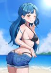  1girl absurdres aged_up alternate_hair_length_(longer) armpit_crease ass bare_shoulders beach bikini bikini_bottom_under_shorts bikini_under_clothes black_bikini blue_hair blue_sky blurry blurry_background blush breasts butt_crack commentary_request day denim denim_shorts fingernails green_eyes highres idolmaster idolmaster_million_live! long_hair looking_at_viewer looking_back medium_breasts nanao_yuriko one_eye_closed outdoors shorts sideboob sky solo swimsuit tanukiinu005 