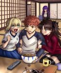  +_+ 1boy 2026_fifa_world_cup 4girls ahoge artoria_pendragon_(fate) arturo_casas black_thighhighs blonde_hair blue_skirt blush braid breasts brown_hair cheese clenched_hand controller cup dress emiya_shirou fate/stay_night fate_(series) food green_eyes hair_ribbon highres holding illyasviel_von_einzbern jersey long_hair long_skirt long_sleeves magical_ruby making-of_available matou_sakura medium_breasts mug multiple_girls nike_(company) open_mouth orange_hair popcorn purple_eyes purple_hair raglan_sleeves red_eyes remote_control ribbon saber_(fate) shirt short_hair short_sleeves skirt thighhighs tohsaka_rin twintails two_side_up watching_television white_hair white_shirt world_cup yellow_eyes 