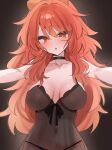 1girl :o black_background black_choker bonnibelle_amai breasts breasts_apart brown_hair chest_bow choker collarbone commentary covered_navel eyes_visible_through_hair g-string highres imooishiizo indie_virtual_youtuber light_blush long_hair looking_at_viewer medium_breasts open_mouth orange_hair panties see-through_clothes solo spaghetti_strap stingray_girl sweatdrop thong underwear virtual_youtuber 