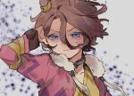  1girl animal_ears blue_eyes blush brown_hair commentary ear_ornament eyes_visible_through_hair fur-trimmed_jacket fur_trim hair_between_eyes hand_on_own_head highres horse_ears horse_girl horseshoe jacket long_sleeves looking_at_viewer narita_taishin_(nevertheless)_(umamusume) narita_taishin_(umamusume) open_mouth pink_jacket portrait short_hair signature smirk solo sweat tank_top teeth two-tone_background umamusume usetsu_illust v-shaped_eyebrows white_background yellow_tank_top 