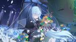  2girls absurdres black_bow black_bowtie black_capelet blue_hair bow bow_flower bowtie capelet closed_eyes closed_mouth collared_shirt commentary_request dress ema70hiro falling_petals field flower flower_field frilled_capelet frilled_dress frilled_sleeves frills hair_bow highres holding holding_unworn_clothes long_hair long_sleeves mahou_shoujo_no_majo_saiban multiple_girls night petals ruins shirt sky star_(sky) starry_sky tachibana_sherry tono_hanna white_shirt wide_sleeves 