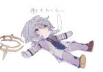  ... 1boy blue_gem brooch brown_shoes closed_mouth commentary_request empty_eyes expressionless feathered_wings full_body gem gloves grey_hair hair_between_eyes halo head_wings highres honkai:_star_rail honkai_(series) jacket jewelry long_sleeves looking_up lying male_focus on_back open_clothes open_jacket open_vest pants piercing purple_jacket purple_pants purple_shirt shadow shirt shoes short_hair sidelocks simple_background solo speech_bubble spoken_ellipsis sunday_(honkai:_star_rail) sunday_(sacerdos'_relived_ordeal)_(honkai:_star_rail) tassel thigh_strap turtleneck turtleneck_shirt vest white_background white_gloves white_vest wing_piercing wings yellow_eyes yurayurarira 
