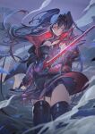  1girl absurdres black_hair breasts clothes_lift commentary_request dress hair_between_eyes highres holding holding_sword holding_weapon jacket long_hair lucia_(pgr) mechanical_arms mechanical_hands medium_breasts multicolored_hair punishing:_gray_raven red_eyes red_streaks shima_(happyhokemiday) skirt skirt_lift solo streaked_hair sword twintails two-sided_fabric two-sided_jacket two-tone_hair weapon 