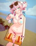  1girl 3d bikini bikini_bottom_aside bikini_bottom_only blender_(medium) blue_eyes blue_streaks blush breasts clothing_aside drill_hair eyewear_on_head feet_out_of_frame flower flower_necklace futanari heart_pasties highres honkai:_star_rail honkai_(series) hot_dog hot_dog_bun hyacine_(honkai:_star_rail) lei mole mole_on_breast mole_on_stomach multicolored_hair navel outdoors parted_lips passengerlamp pasties penis penis_hot_dog pink_hair smile solo streaked_hair sunglasses swimsuit topless_female tray twin_drills uncensored 