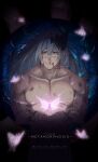  1boy absurdres blood blood_from_mouth blood_on_face blue_eyes bug butterfly closed_mouth cursed_spirit_(jujutsu_kaisen) grey_eyes heterochromia highres jujutsu_kaisen long_hair mahii_mahii mahito_(jujutsu_kaisen) nosebleed solo stitched_arm stitched_face stitched_neck stitches 