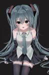  1girl :d absurdres bare_shoulders black_background black_skirt black_sleeves black_thighhighs blue_eyes blue_hair blue_necktie blush collared_shirt commentary cowboy_shot crossed_bangs dated_commentary detached_sleeves double-parted_bangs grey_shirt h_raj_(pixiv_93311327) hair_between_eyes hair_intakes hatsune_miku highres long_hair long_sleeves looking_at_viewer miniskirt necktie open_mouth pleated_skirt shirt simple_background sitting skirt sleeveless sleeveless_shirt smile solo thighhighs tie_clip twintails very_long_hair vocaloid zettai_ryouiki 