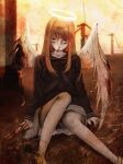  1girl absurdres angel_wings barefoot black_hair blood bloody_wings cigarette commentary haibane_renmei halo highres long_hair looking_at_viewer scissors sitting skirt sky smoking solo_focus stuffbecauseidk untranslatable_commentary wind_turbine wings yellow_sky 