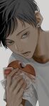  1boy absurdres black_eyes black_hair can close-up commentary_request dorayaki earrings eating food highres holding jewelry male_focus mole mole_under_eye nidone_0927 open_mouth original sanpaku shirt short_bangs short_hair solo wagashi 