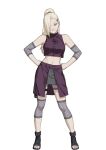  1girl ankle_boots asymmetrical_bangs blonde_hair blue_eyes boots breasts closed_mouth commentary_request crop_top elbow_pads fishnets full_body h4sh1rnoto hair_ornament hair_over_one_eye hairclip hands_on_own_hips head_tilt high_collar high_ponytail highres knee_pads legs_apart light_smile long_hair medium_breasts midriff miniskirt naruto_(series) naruto_shippuuden navel one_eye_covered open-toe_boots overskirt ponytail pouch purple_overskirt purple_shirt shirt simple_background skirt sleeveless solo standing thigh_pouch very_long_hair white_background yamanaka_ino 